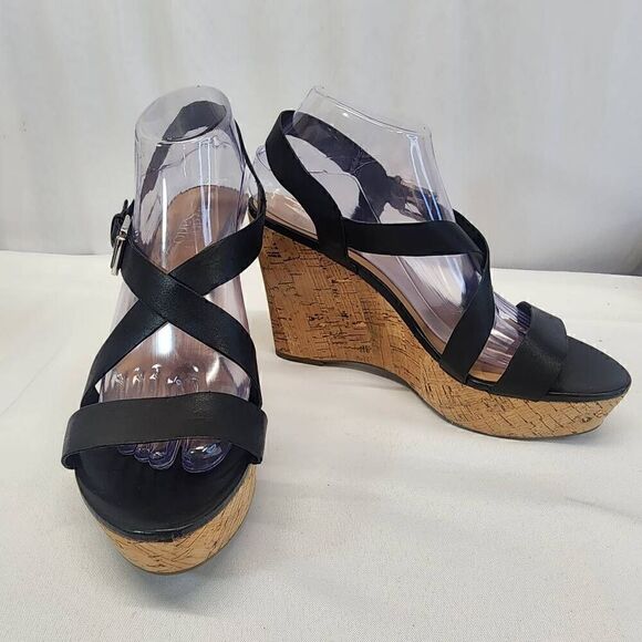 Franco Sarto Stallion Wedge Sandal Black Leather Size 9.5 - Picture 2 of 12